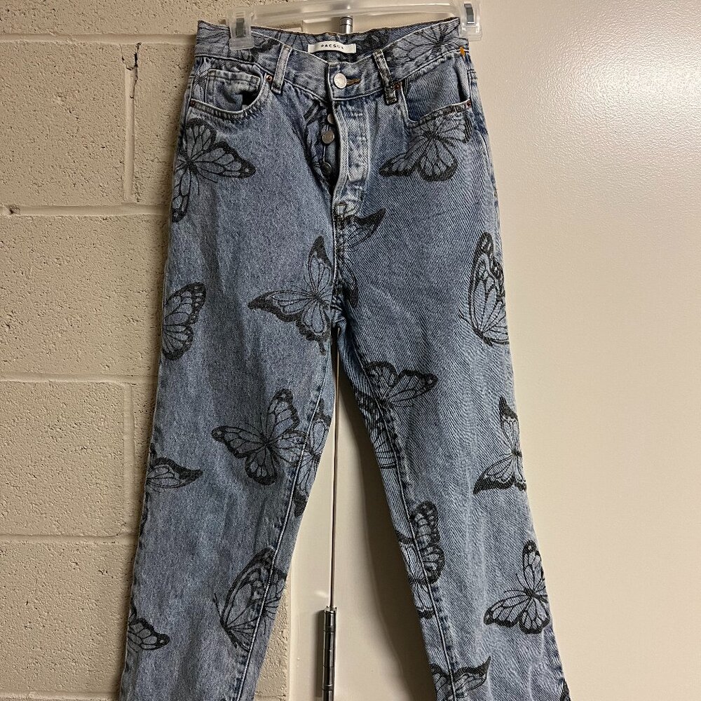 Pac Sun high rise straight jeans women's 25 blue fray button fly butterfly print